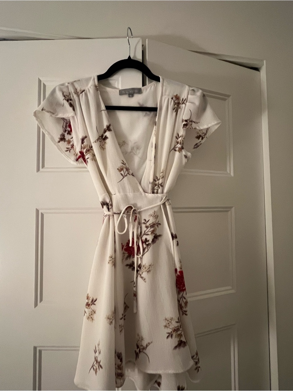 Floral Wrap Dress in Cream with Red Accents